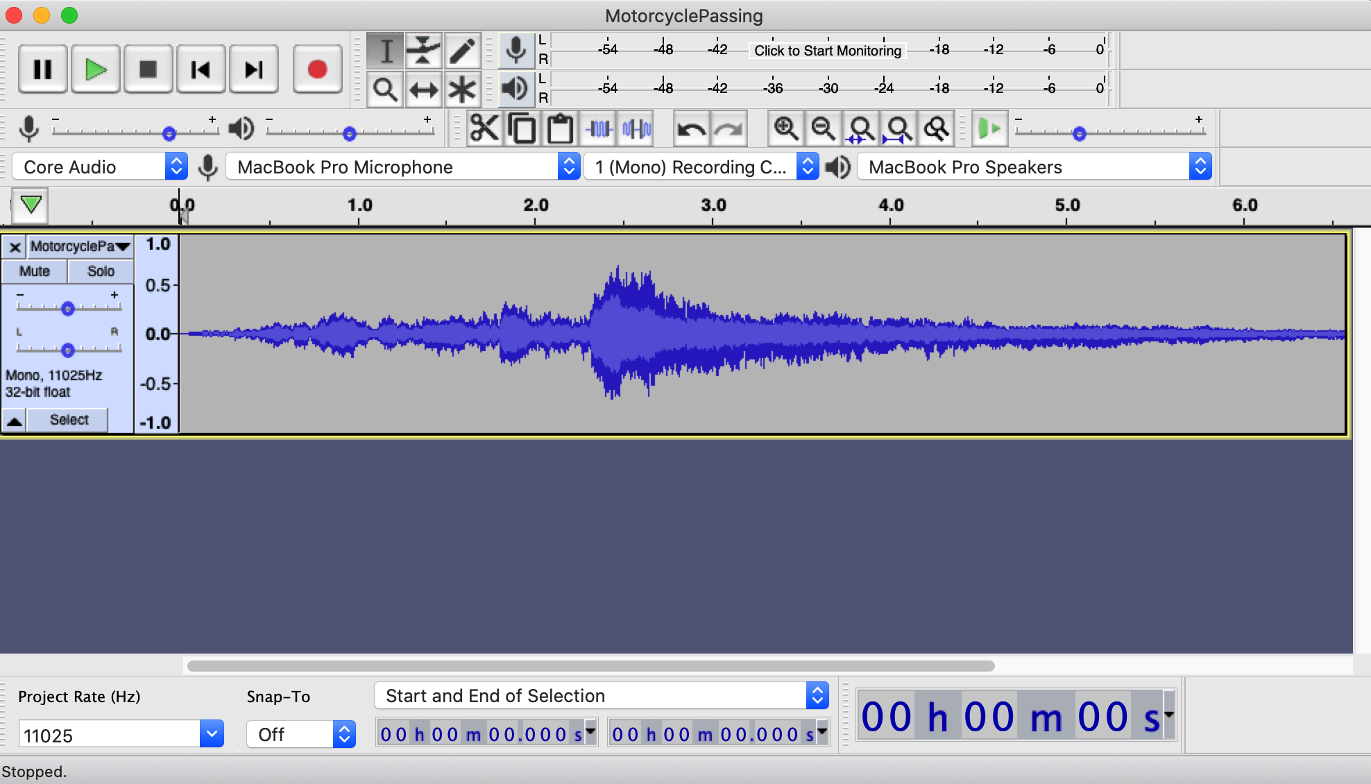 Audacity interface, showing the waveform for a recording of a passing motorcycle